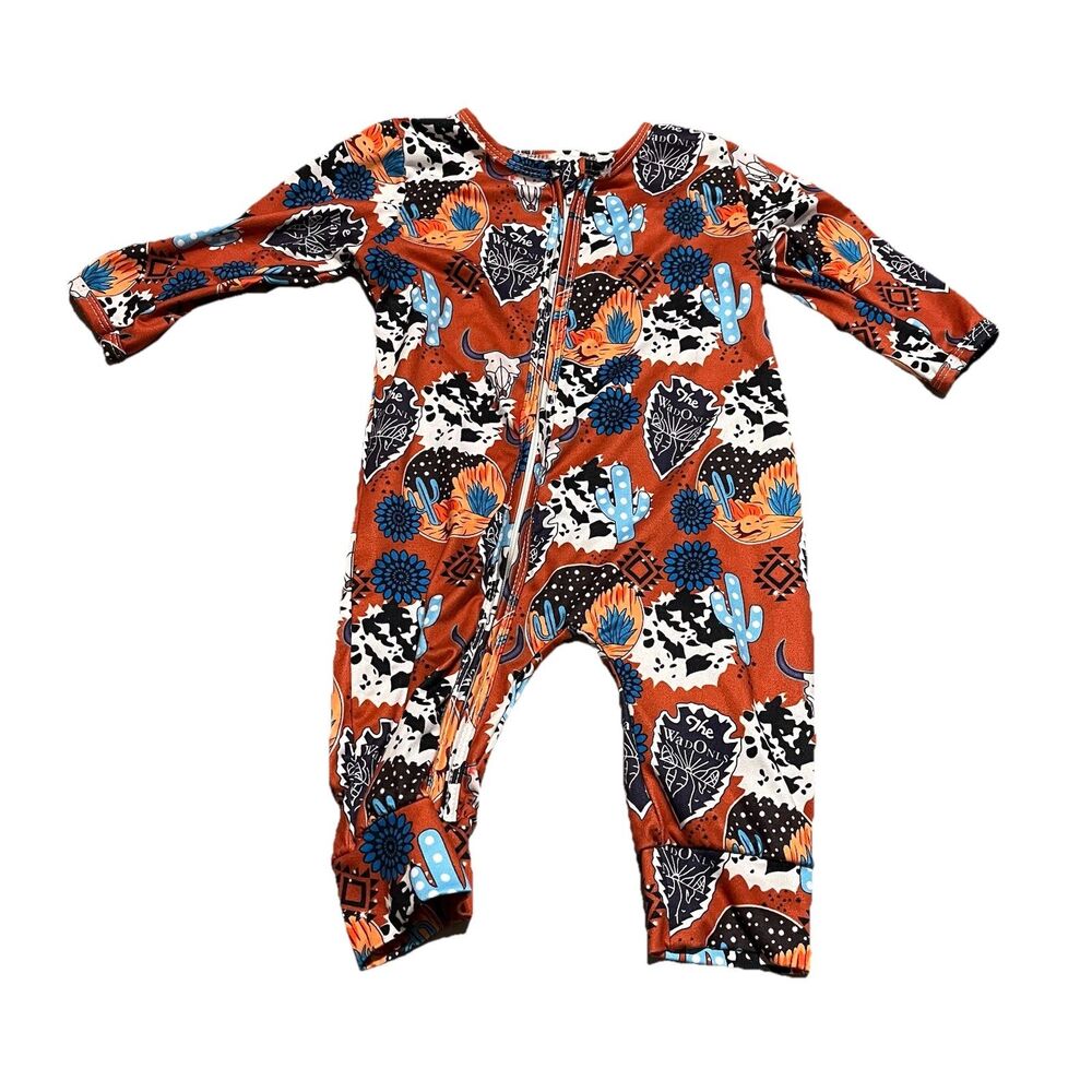 Mud & Moo Boutique Rustic Arrowhead Cow Cactus Aztec Western Boho Romper 6-12Mth